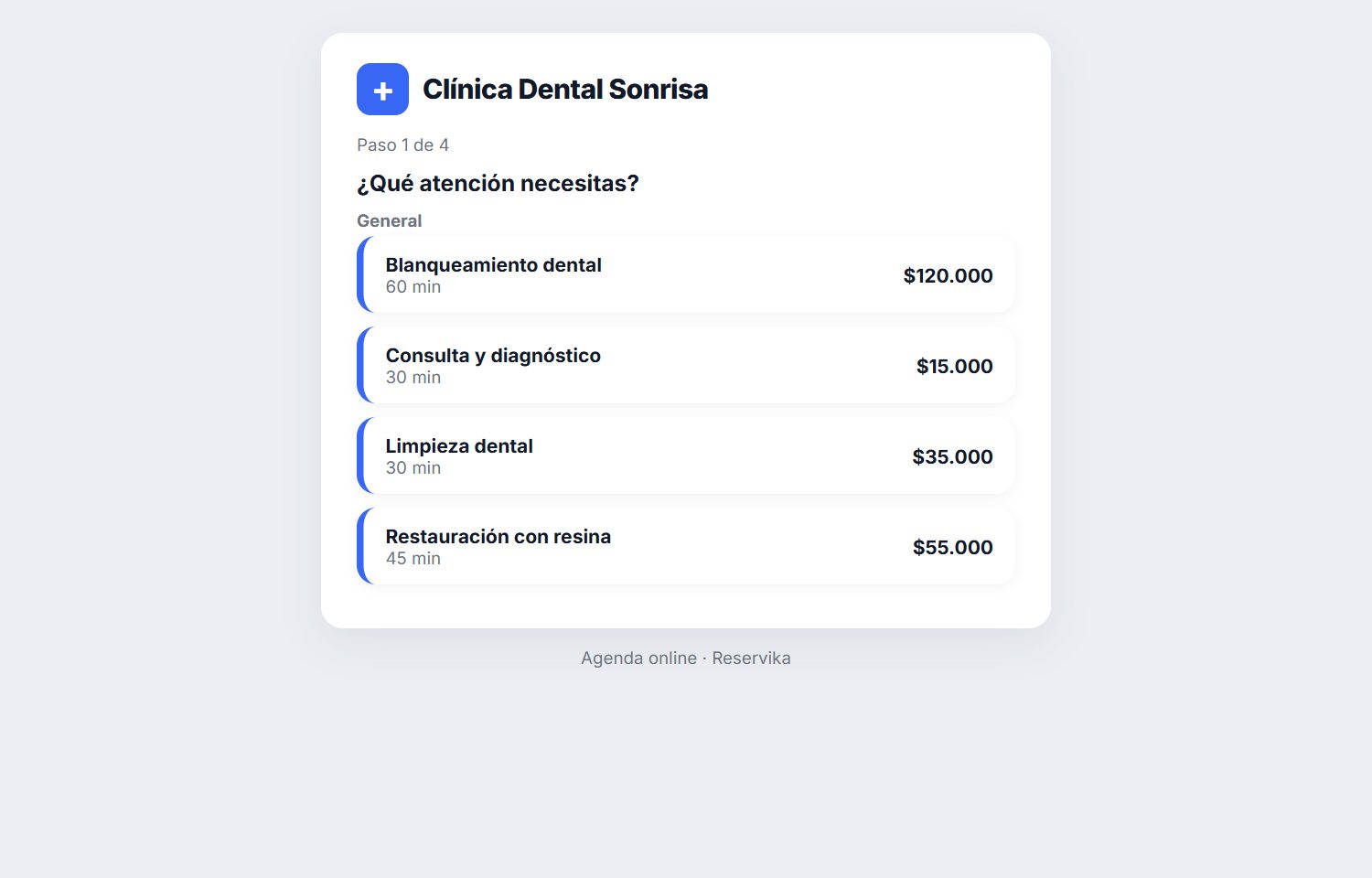 Página pública de reserva online de una clínica con la lista de atenciones disponibles